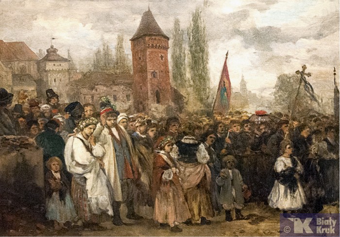 „Pogrzeb i wesele” z 1864 r. Tego samego roku Aleksander Kotsis namalował drugą, nieco  zmienioną wersję tego obrazu, którą zatytułował „Pogrzeb i wesele spotykające się za  bramą Floriańską”.