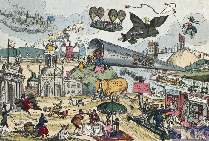 „Marsz intelektu” zaowocował co prawda szeregiem znakomitych wynalazków, ale i licznymi wynaturzeniami w przypadku odłączenia tytułowego intelektu od moralności. Ta karykaturalna wizja świata z 1829 r., z „mostem rurowym” przerzuconym przez kanał La Manche, jest dziełem angielskiego rysownika Williama Heatha. Fot. Wellcome